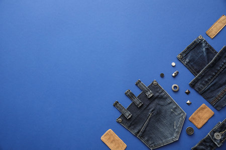 Flat lay composition with garment accessories and cutting details for jeans on blue background. Space for textの写真素材