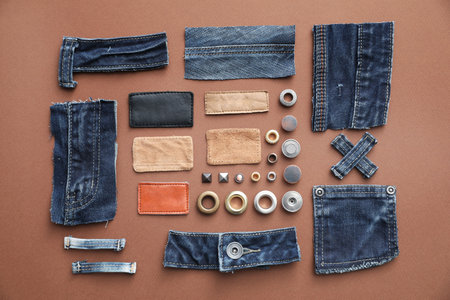 Flat lay composition with garment accessories and cutting details for jeans on brown backgroundの写真素材