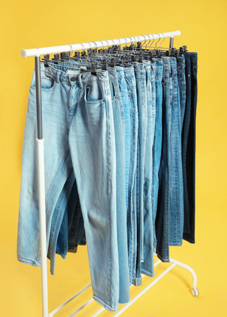 Rack with different jeans on yellow backgroundの写真素材