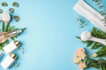 Flat lay composition with face cleansing brushes on light blue background, space for text. cosmetic accessoriesの写真素材