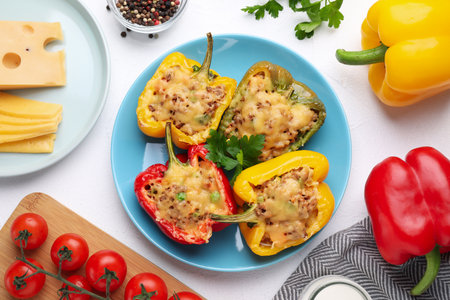 Flat lay composition with tasty stuffed bell peppers on white tableの写真素材