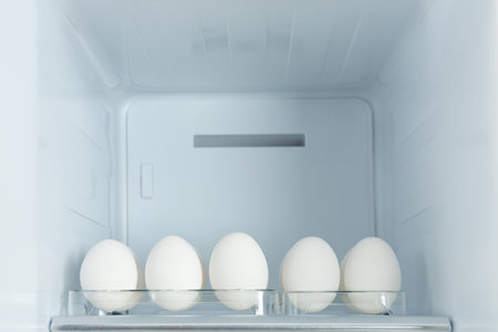 Fresh eggs on shelf in modern refrigeratorの写真素材