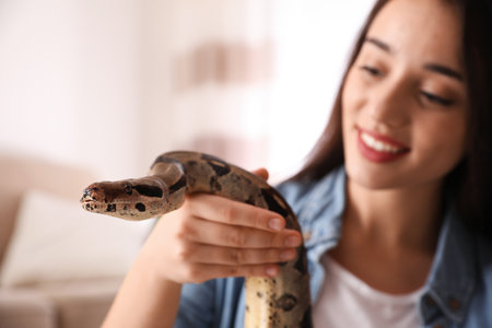 Young woman with her boa constrictor at home. exotic petの写真素材