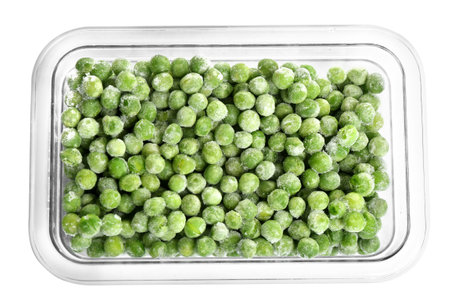Frozen peas in plastic container isolated on white, top view. vegetable preservationの写真素材