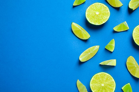 Juicy fresh lime slices on blue background, flat lay. Space for textの写真素材