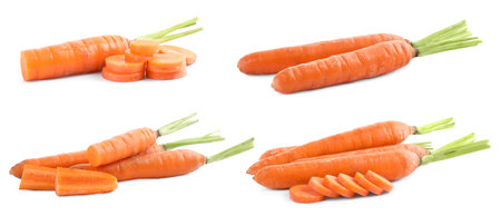 Set of fresh ripe carrots on white backgroundの写真素材