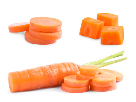 Set of fresh ripe carrots on white backgroundの写真素材