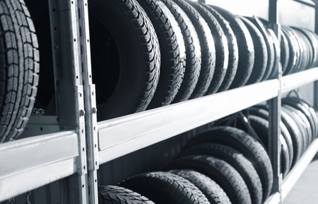 Tires on rack in car service workshopの写真素材