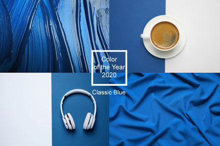 Collage made with photos inspired by color of the year 2020 (Classic blue)の写真素材