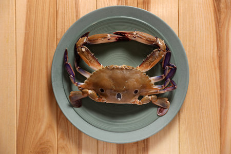 Fresh swimming crab on wooden table, top viewの写真素材