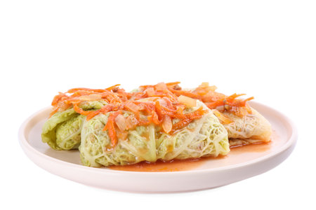 Plate with delicious cabbage rolls isolated on whiteの写真素材