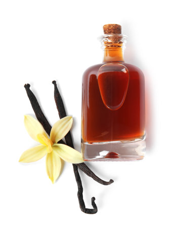 Vanilla extract, flower and dry pods isolated on white, top viewの写真素材