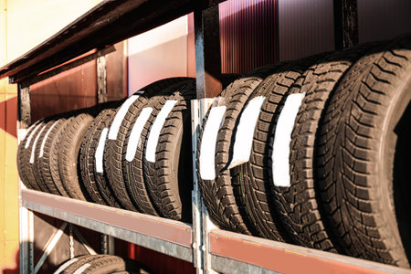 Row of tires on rack in store. total wholesaleの写真素材