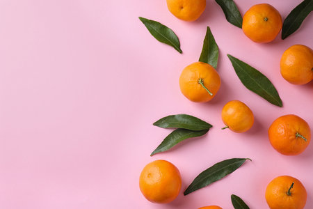 Fresh ripe tangerines on pink background, flat lay. Space for textの写真素材