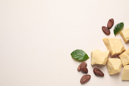 Organic cocoa butter and beans on beige background, flat lay. Space for textの写真素材