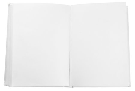 Open hardcover book isolated on white, top view