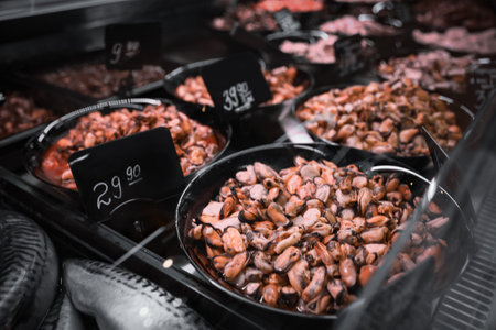 Different seafood on display, closeup. wholesale market