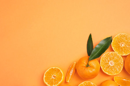 Flat lay composition with fresh ripe tangerines and space for text on orange background. Citrus...