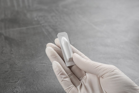 Woman holding suppository at gray table, closeup. Hemorrhoid treatment