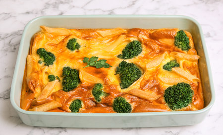 Tasty broccoli casserole in baking dish on white marble table, closeupの写真素材