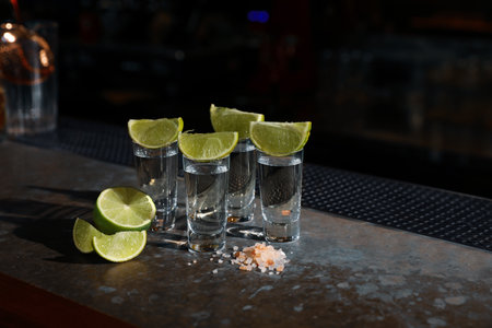 Mexican Tequila shots, lime slices and salt on bar counterの写真素材