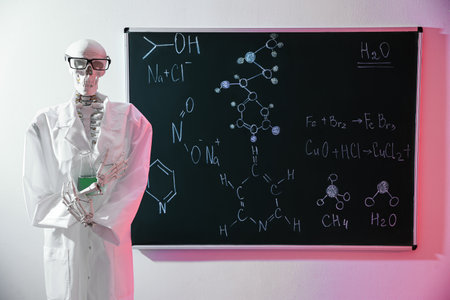 Human skeleton model with flask in classroom, toned in red