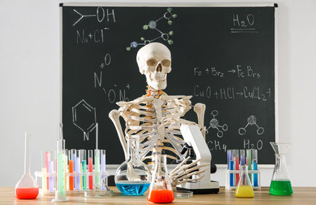Skeleton and different chemistry glassware in the classroomの写真素材
