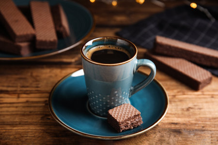 Delicious wafer and cup of coffee on wooden tableの写真素材