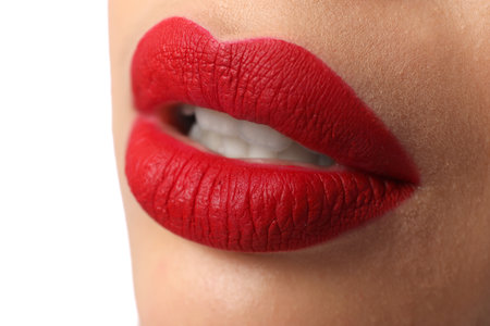 Woman with red lipstick on white background, closeupの写真素材