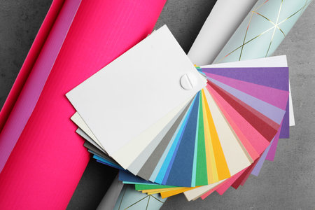 Flat lay composition with color palette on gray stone backgroundの写真素材