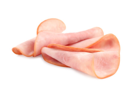 Slices of tasty fresh ham isolated on white