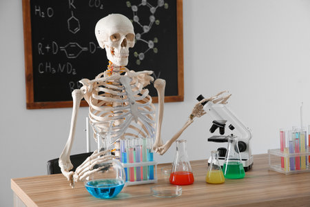 Skeleton and different chemistry glassware in the classroomの写真素材