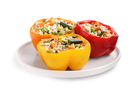 Tasty stuffed bell peppers isolated on whiteの写真素材