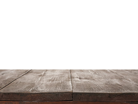 Empty wooden surface isolated on white. Mockup for designの写真素材