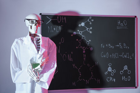 Human skeleton model with flask in classroom, toned in redの写真素材