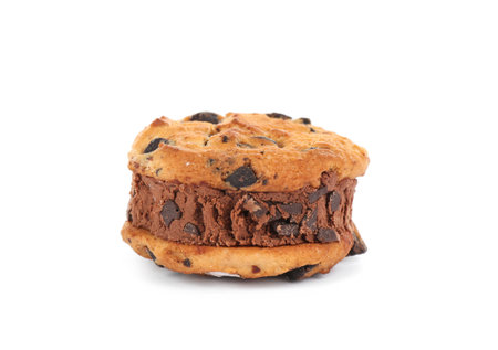 Sweet delicious ice cream cookie sandwich isolated on whiteの写真素材