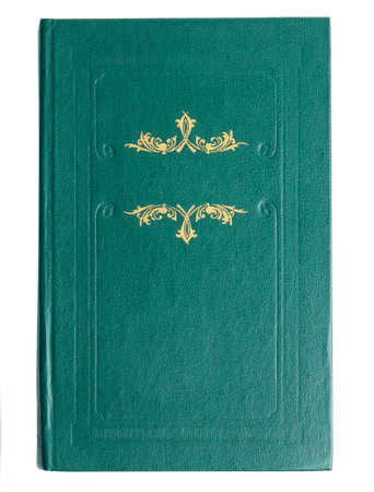 Old book with vintage green cover isolated on white, top view