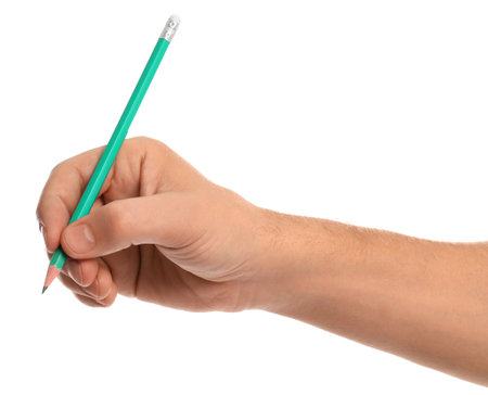 Man holding ordinary pencil on white background, closeupの写真素材