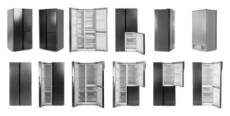 Collage of modern refrigerators on white backgroundの写真素材
