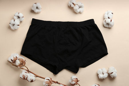 Men's underwear and cotton flowers on beige background, flat layの写真素材