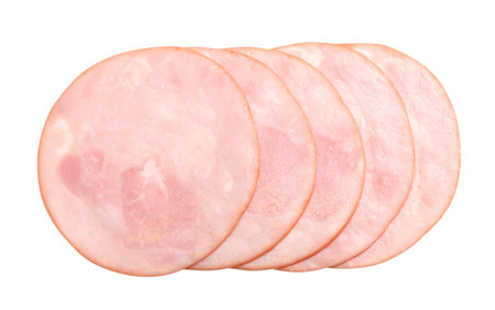 Slices of tasty fresh ham isolated on white, top viewの写真素材