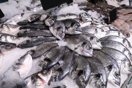 Fresh raw fish with ice in supermarketの写真素材