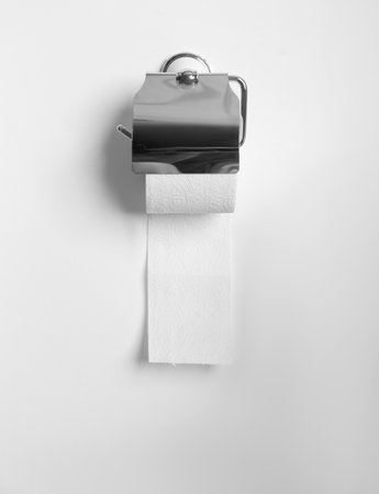 Toilet paper holder with roll on light wallの写真素材