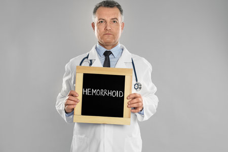 Doctor holding blackboard with word HEMORRHOID on light gray backgroundの写真素材