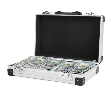 Open metal case full of money on white background