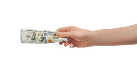 Woman with dollar banknote on white background, closeup. money and finance