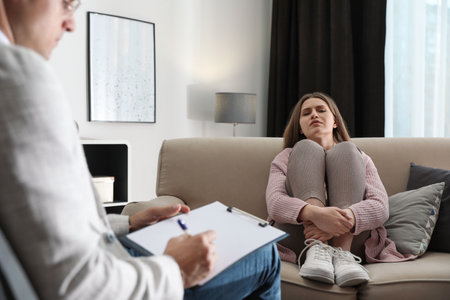 Professional psychotherapist working with patient in officeの写真素材