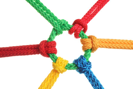Colorful ropes tied together isolated on white. unity concept