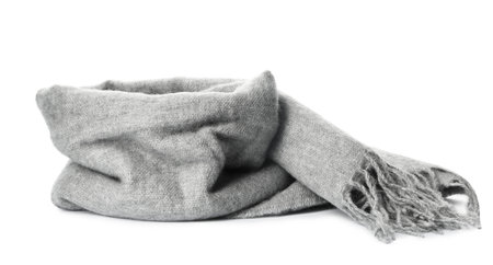 Gray scarf isolated on white. warm accessoryの写真素材