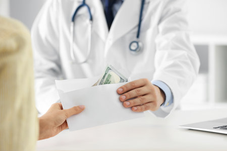 Patient giving bribe to doctor in clinic, closeup. Corrupt medicineの写真素材
